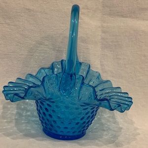 Vintage blue hand crafted glass basket 8 inches